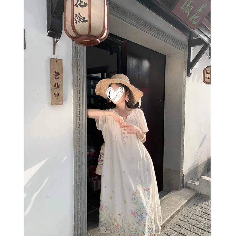 FRVXO【山茶雏菊】夏季新中式国风碎花温柔宽松显瘦连衣裙女