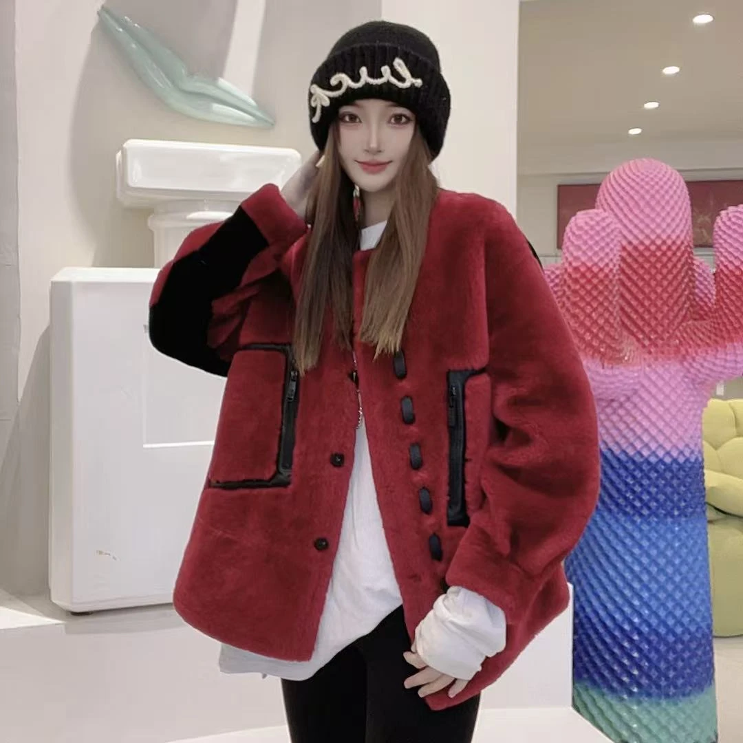 【SUSU推荐】2025女短款休闲风常规长袖皮毛一体外套-83698-B