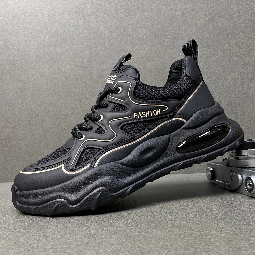 秋冬新款简约小白鞋男真皮轻质气垫厚底老爹鞋网面透气运动休闲鞋