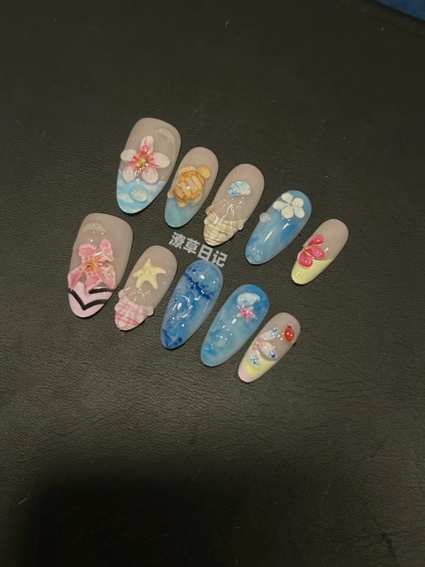 海岛恋夏风中杏仁立体鸡蛋花穿戴甲10片装ins风