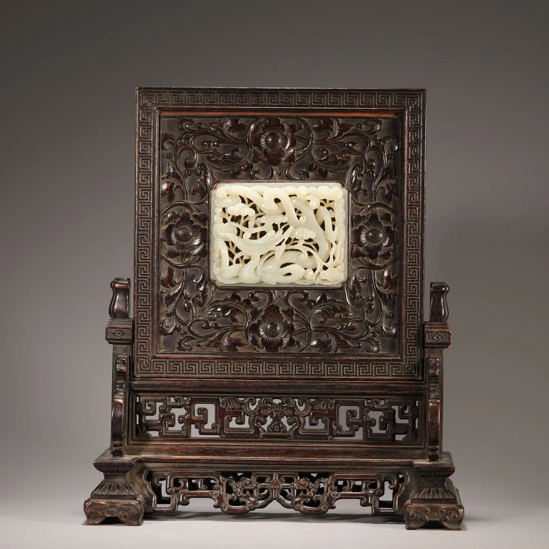 z474/清代 紫檀嵌 白  玉  插屏【华豫之门甄选】