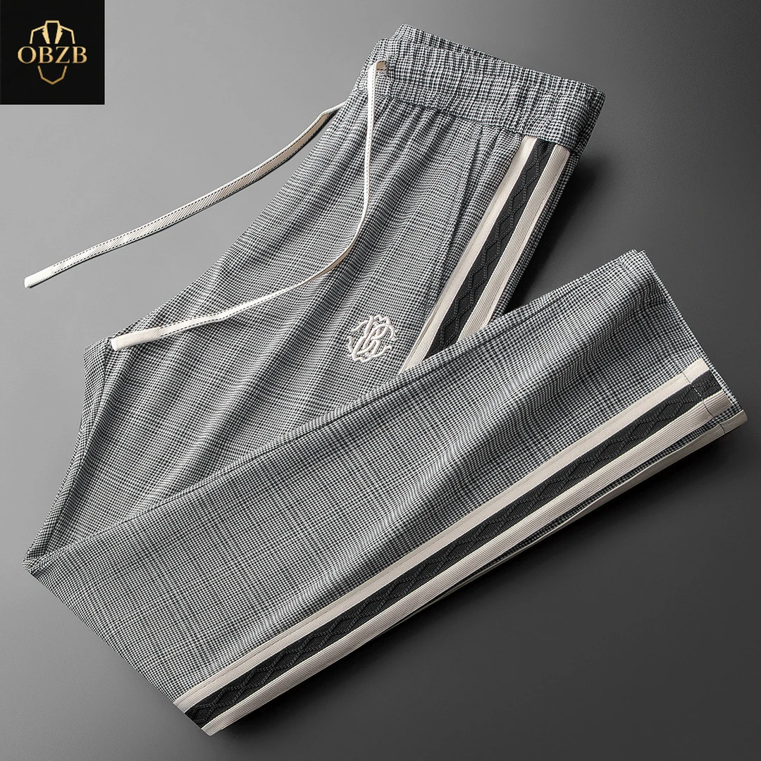 夏季轻奢千鸟格纹男裤高端撞色休闲裤男士修身运动小直筒卫裤男款