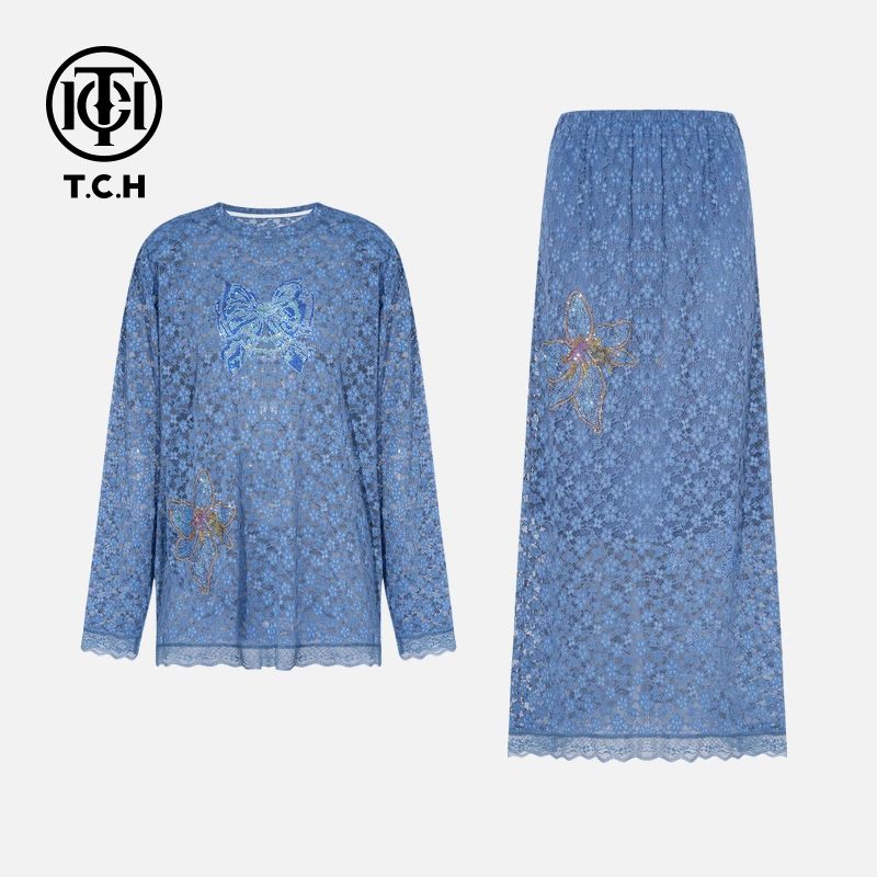 下架款TCH私服烫钻工艺时尚休闲秋季通勤贵气套装女T75C07E1017轻