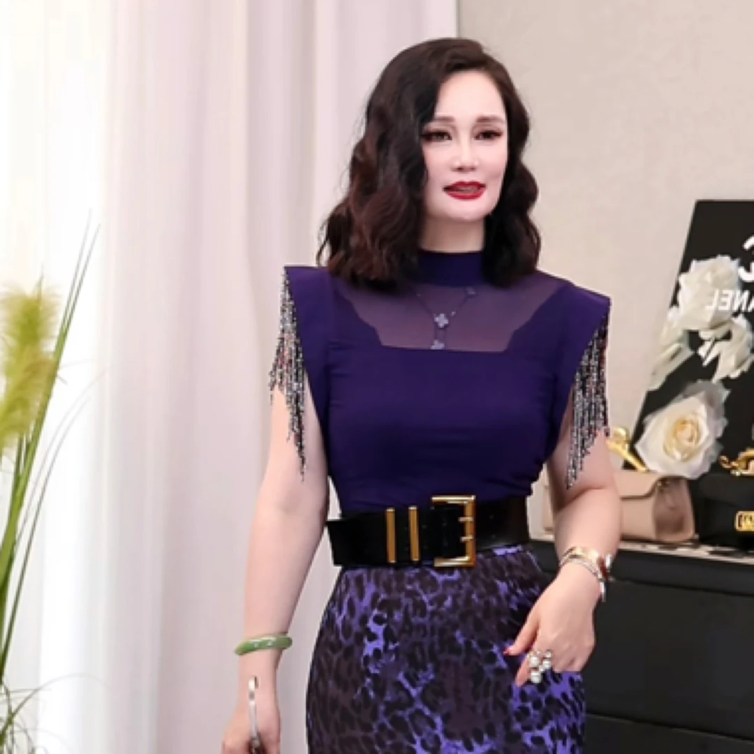 优尚美碎星织月夏季网纱拼接亮片流苏无袖T恤时尚百搭修身显瘦女