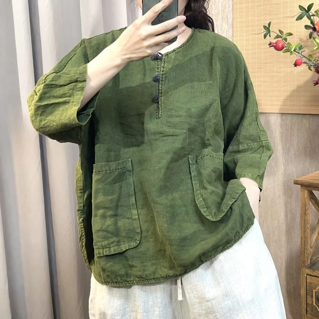 FF6782半扣亚麻女士圆领套头衫舒适百搭 (胸围146长63)