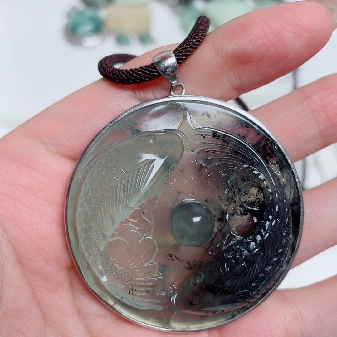 用***5岫玉银S925镶嵌颈饰