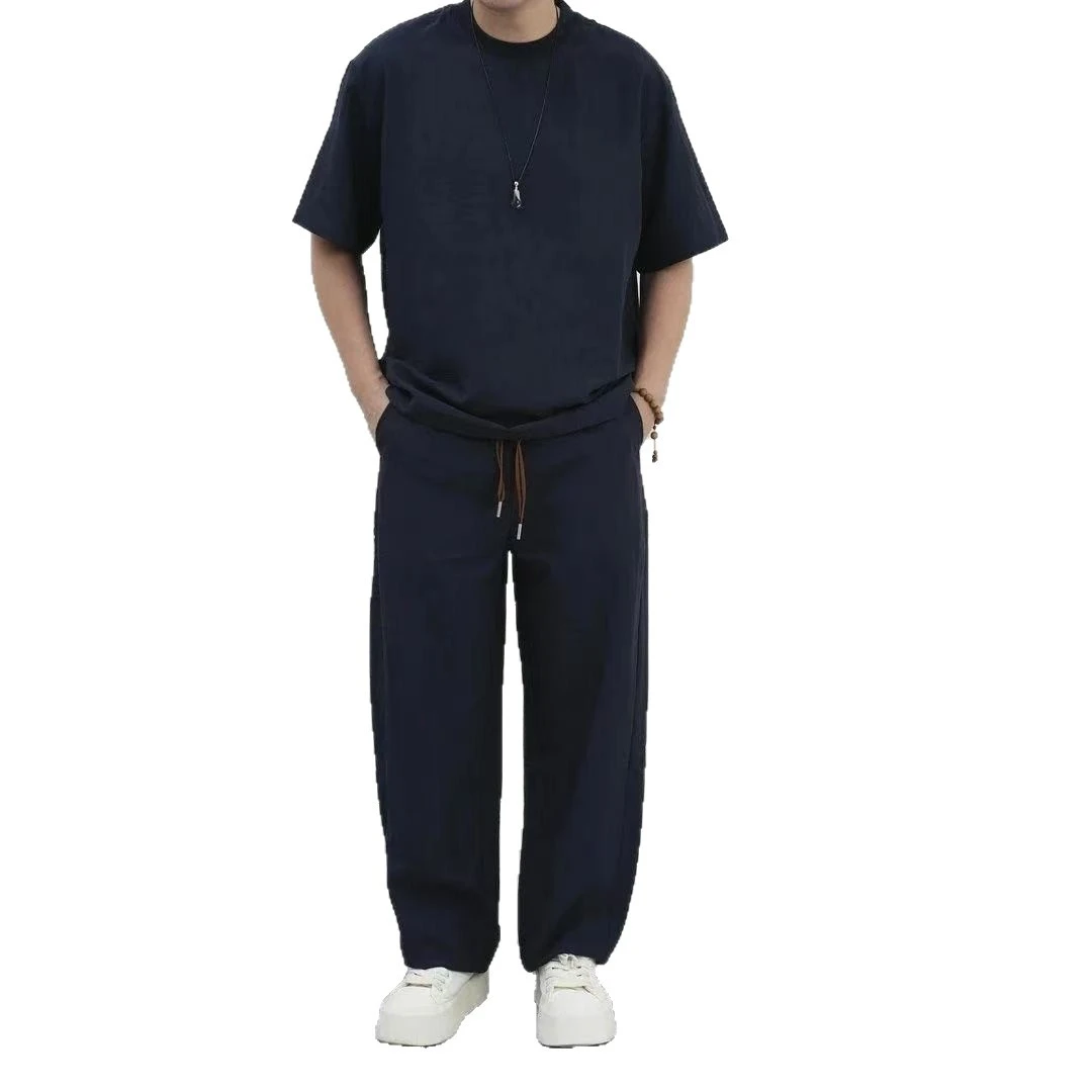 夏季时尚百搭潮流亲肤透气舒适简约复古休闲宽松抗皱凉感男士套装