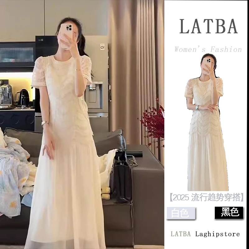 法式名媛风气质短袖连衣裙女2025夏季新款高级感绝美收腰显瘦长裙
