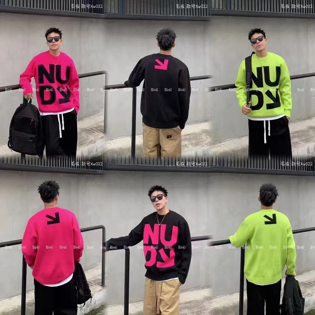 OFF WW 25早春新款针织衫毛衣撞色字母潮牌痞帅百搭圆领男士长袖