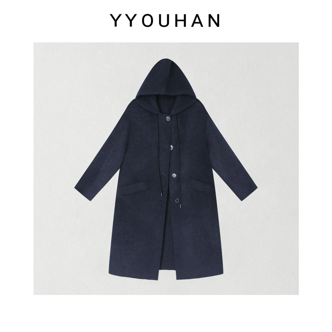 月月 2025冬季新款小众设计极简中长款呢大衣连帽外套 2512C8763