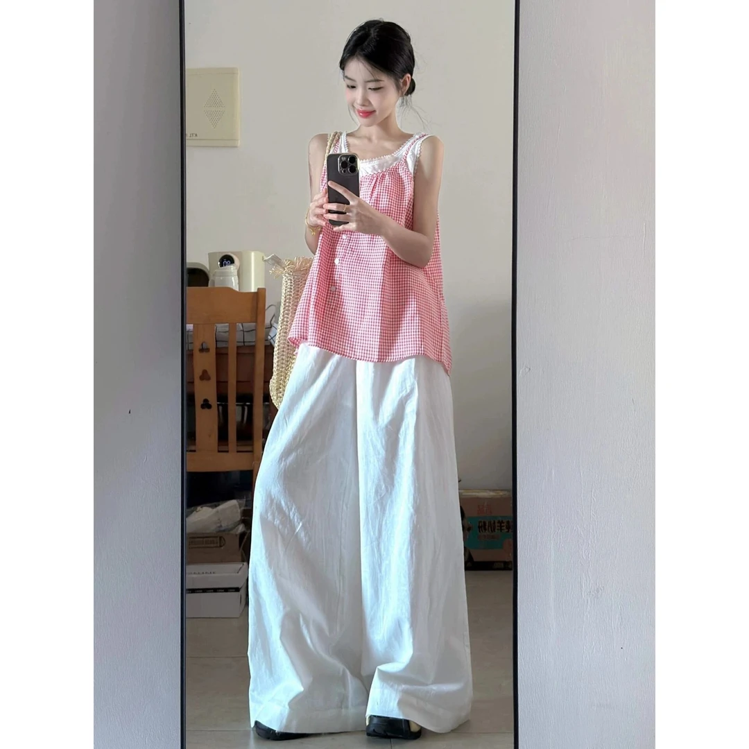 韩系风休闲运动套装女夏季甜美格子无袖吊带上衣阔腿裤两件套