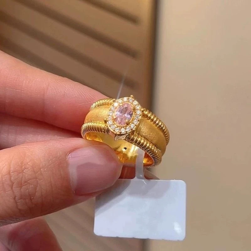 足银戒指 足银粉色闭口鸽子蛋戒指手工气质复古彩色中古