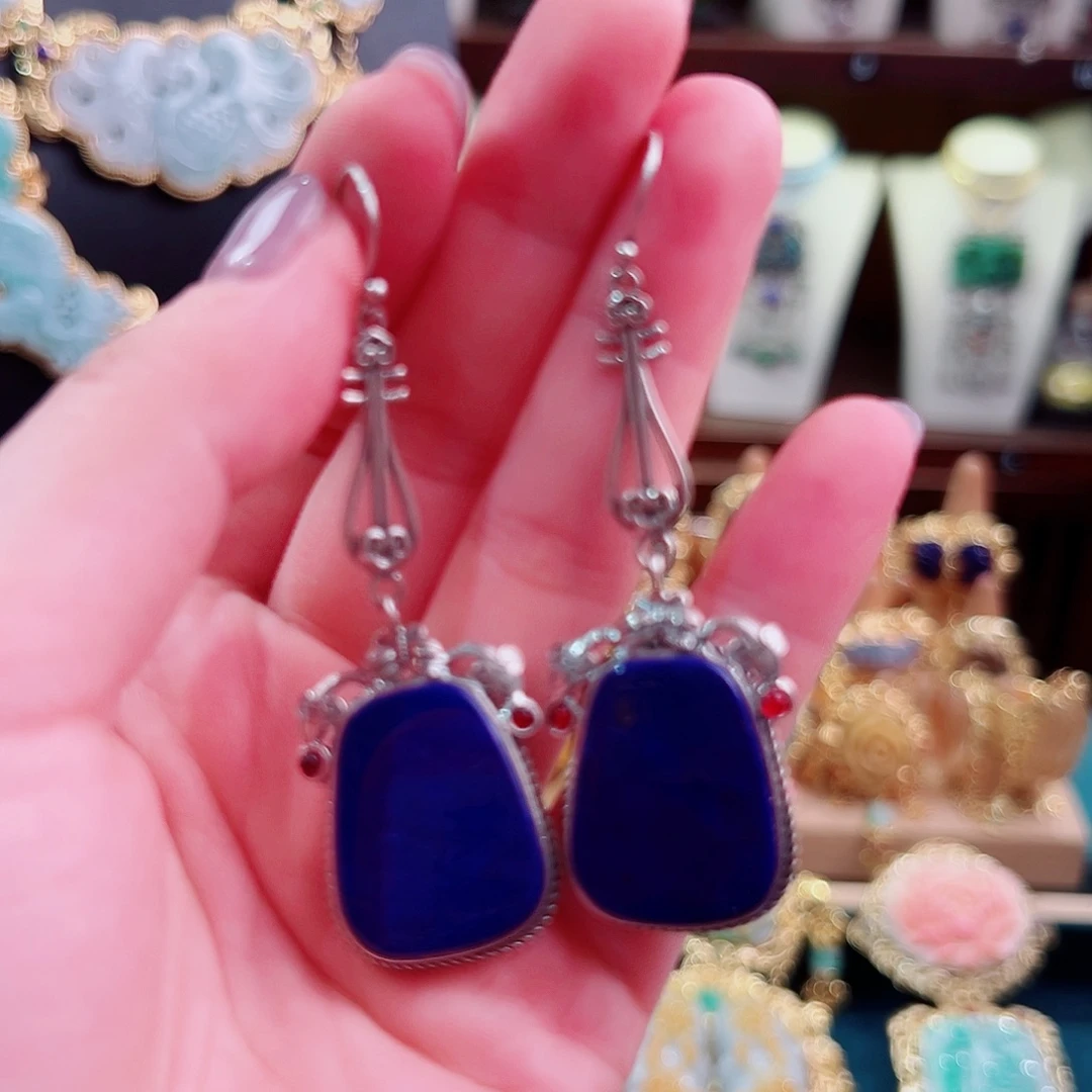 青金石银S925镶嵌挂件锦象原创设计款式耳环