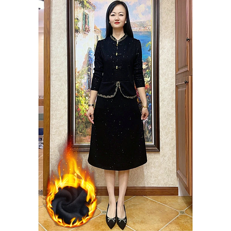 新中式加绒小香风假两件连衣裙冬季中年妈妈装加厚烫金长款裙子
