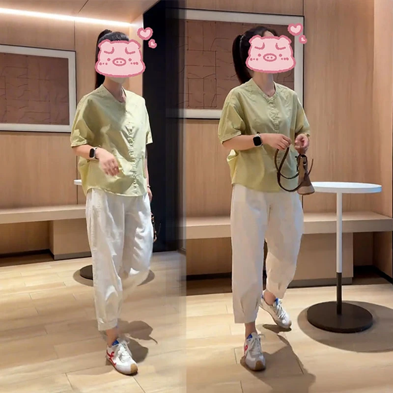 2025超火夏装一整套韩系懒惰风休闲纯色衬衫显瘦高腰九分裤两件套