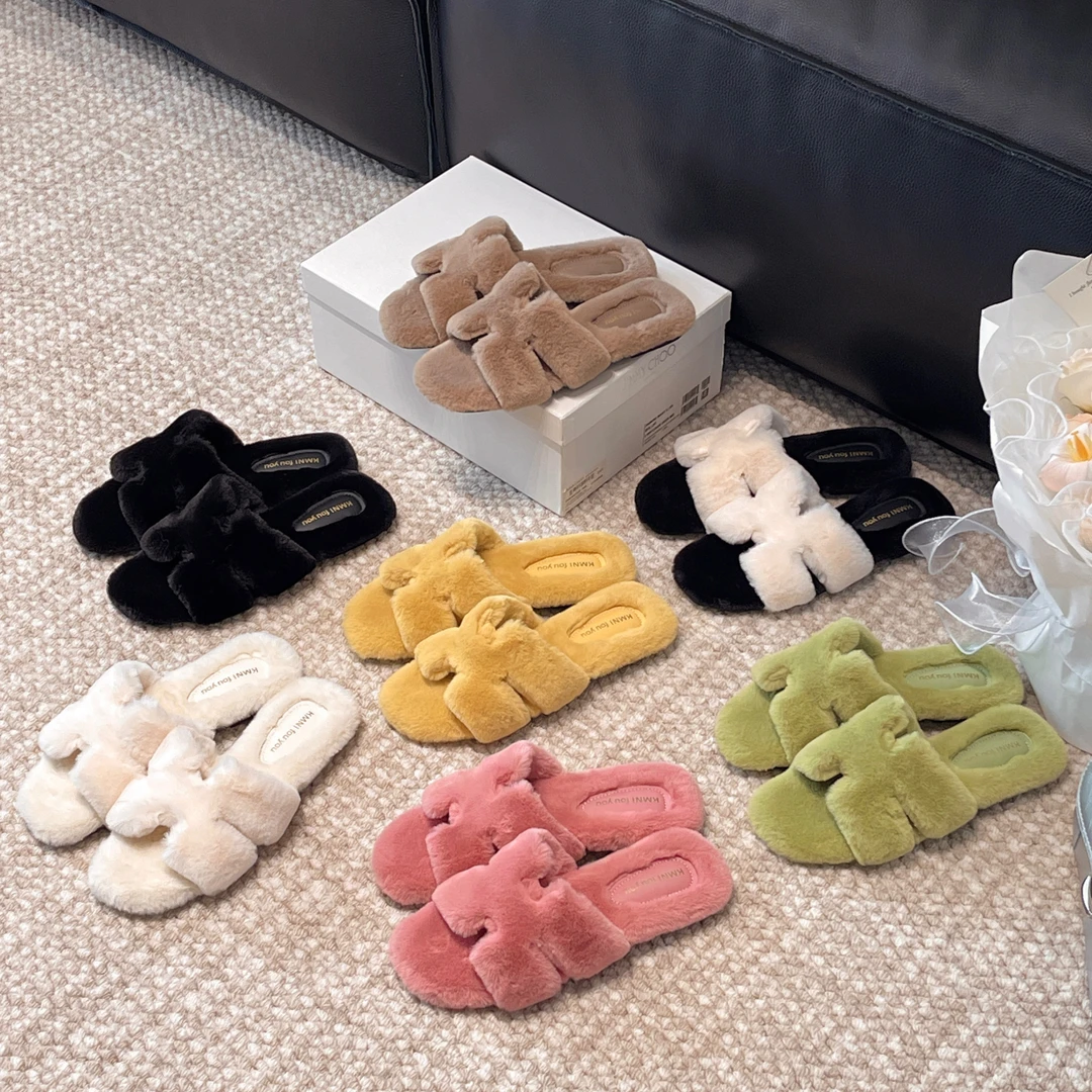 网红小香风H光版交叉毛毛秋冬平底洋气外穿多色毛毛鞋防滑拖鞋