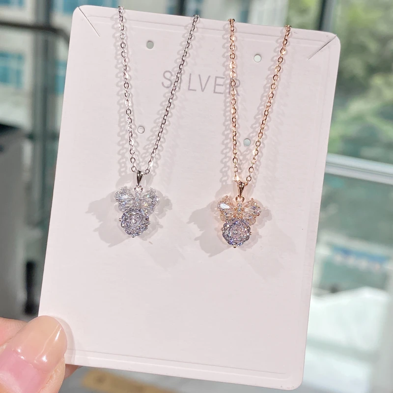 坠链均925银 女在逃公主蝴蝶结锆石吊坠锁骨链时尚百搭高级感链坠