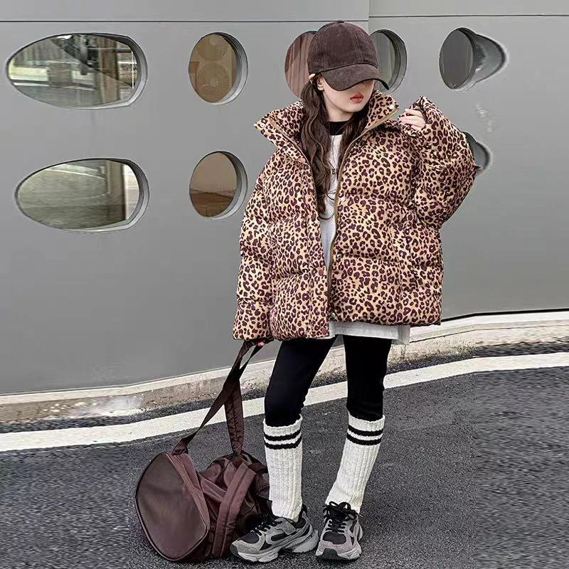 现货Z068女童冬季加绒豹纹外套