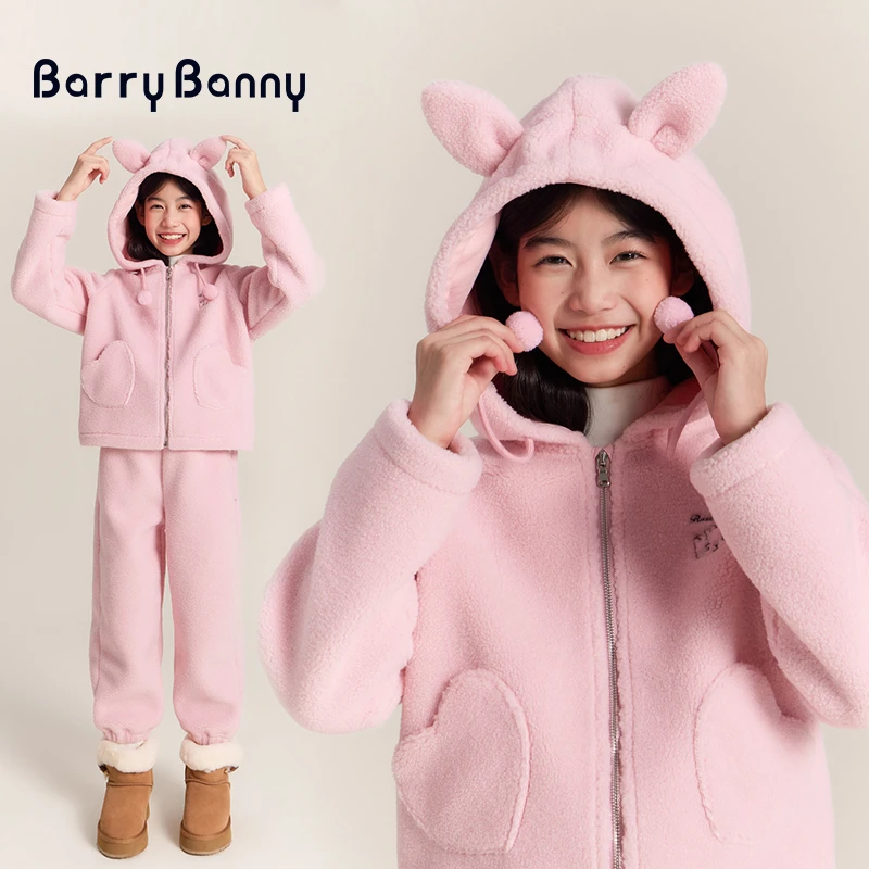 BarryBanny冬季新款羊羔绒套装连帽外套女童拉链冬季厚款保暖可爱