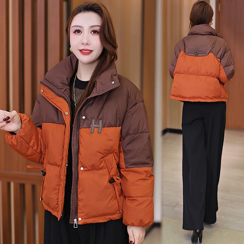时尚撞色拼接立领短款棉服女2025冬季新款小个子加厚宽松保暖棉袄