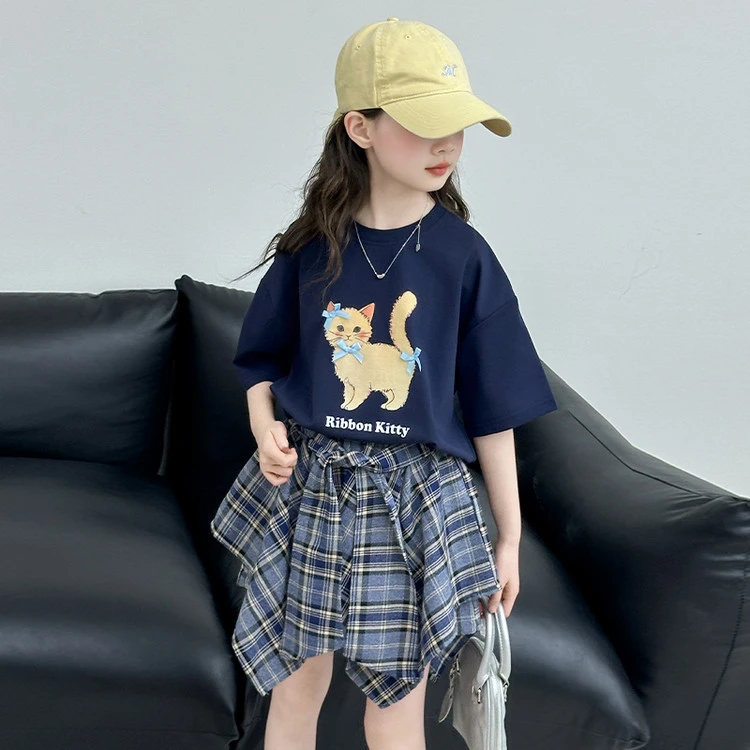 女大童炸街潮服女童夏装6-12岁潮款高级感儿童套装女孩洋气格子裙
