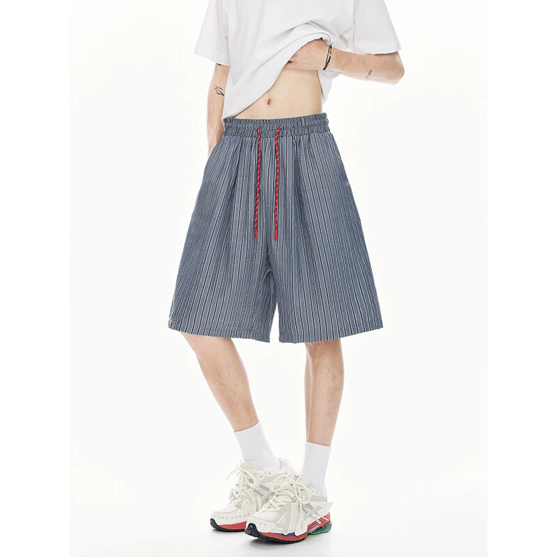 美式复古条纹抽绳阔腿五分裤男士夏季潮牌百搭宽松休闲运动沙滩裤