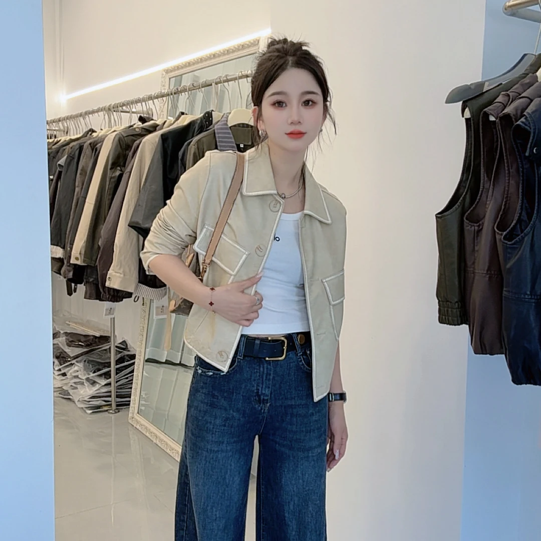 薄款宽松圆领常规款女翻领短皮衣外套短款休闲时髦复古