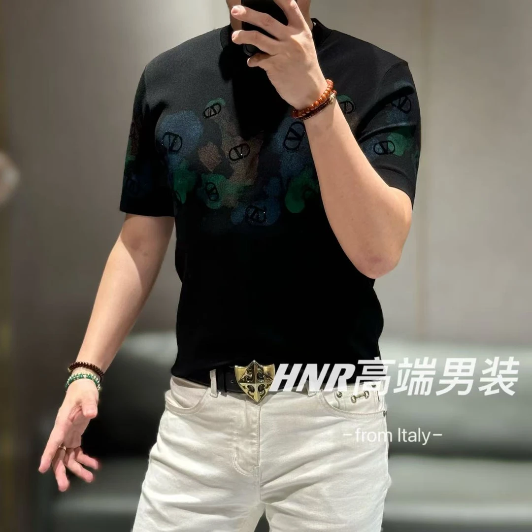 迷雾幻彩激光植绒雕花奥钻点缀伊力特丝短袖T恤7129