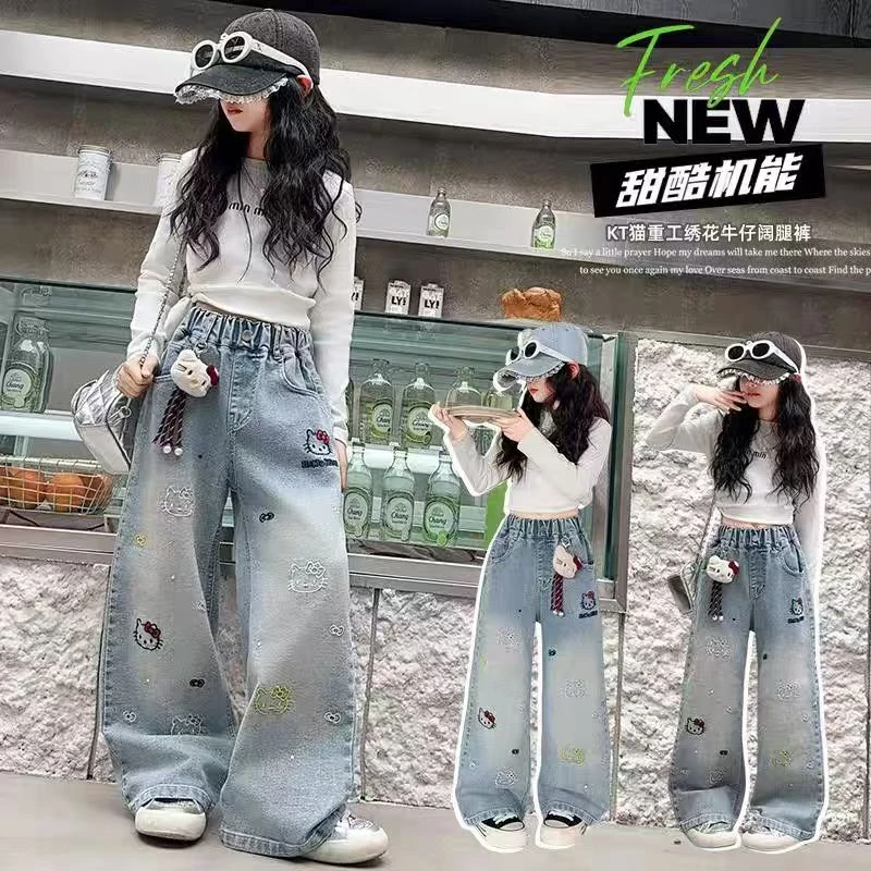 出门炸街款~25新款KT猫重工刺绣牛仔阔腿裤6909