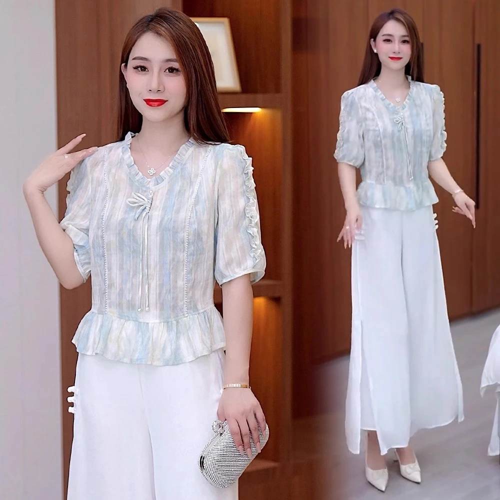 2025夏季新款设计感收腰显瘦木耳领洋气上衣新中式五分袖衬衫女装