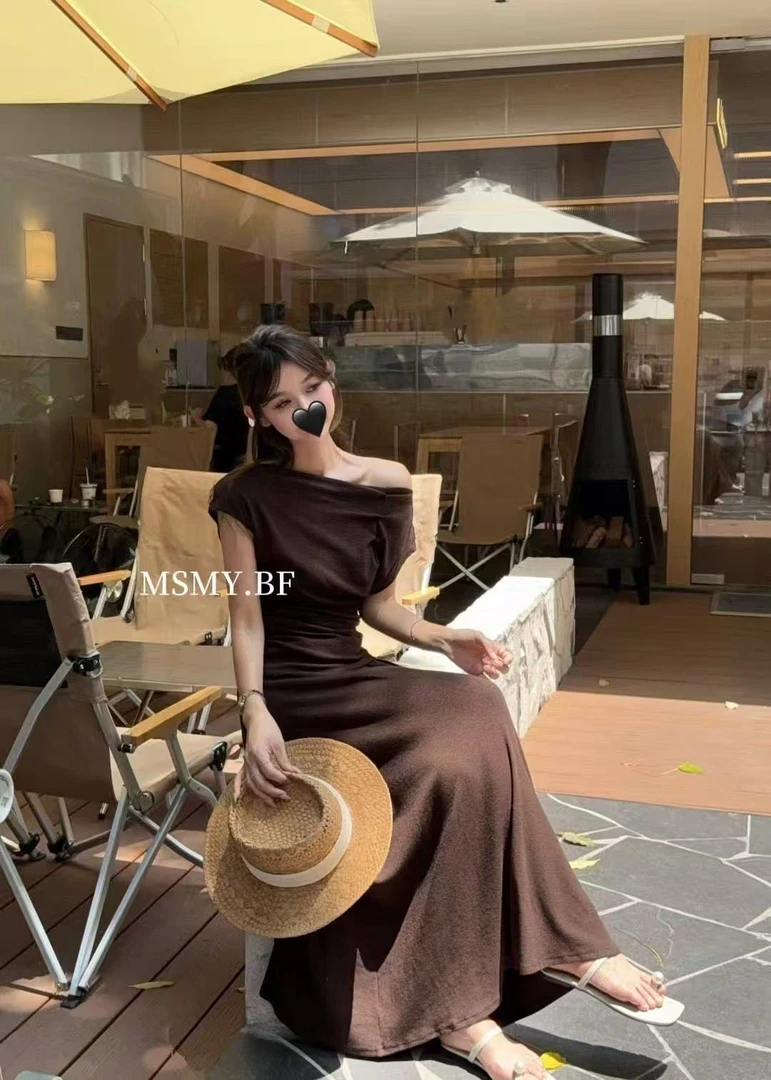 【海南肉丝】法式复古斜肩收腰显瘦包臀套装8090