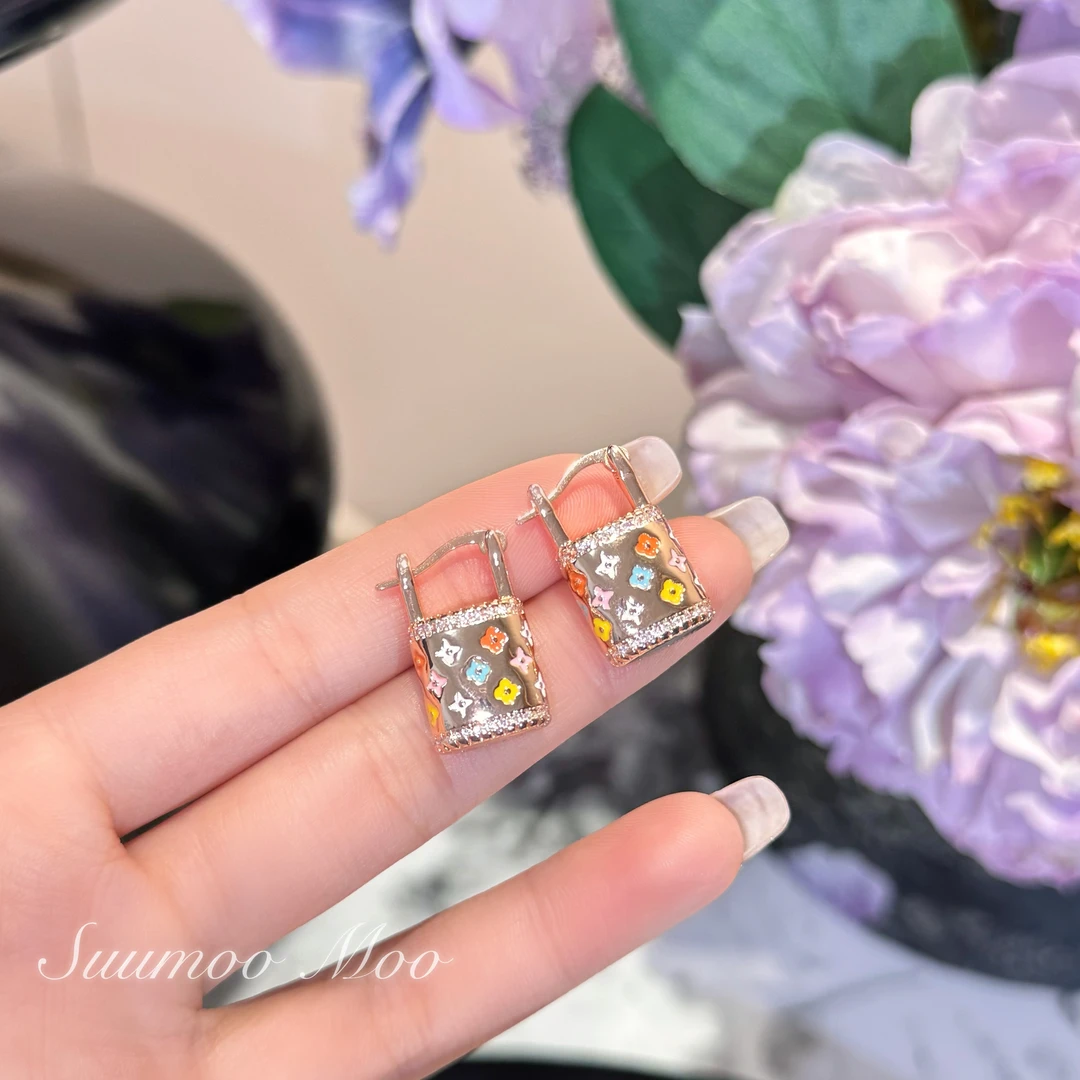 铜合金合成锆石耳饰 法式试试小花包包耳环