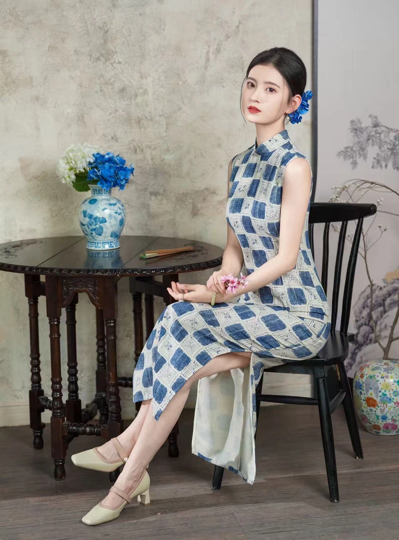 [非晚]2025夏季日常气质碎花中国风优雅少女中长款显瘦旗袍-SY-蓝