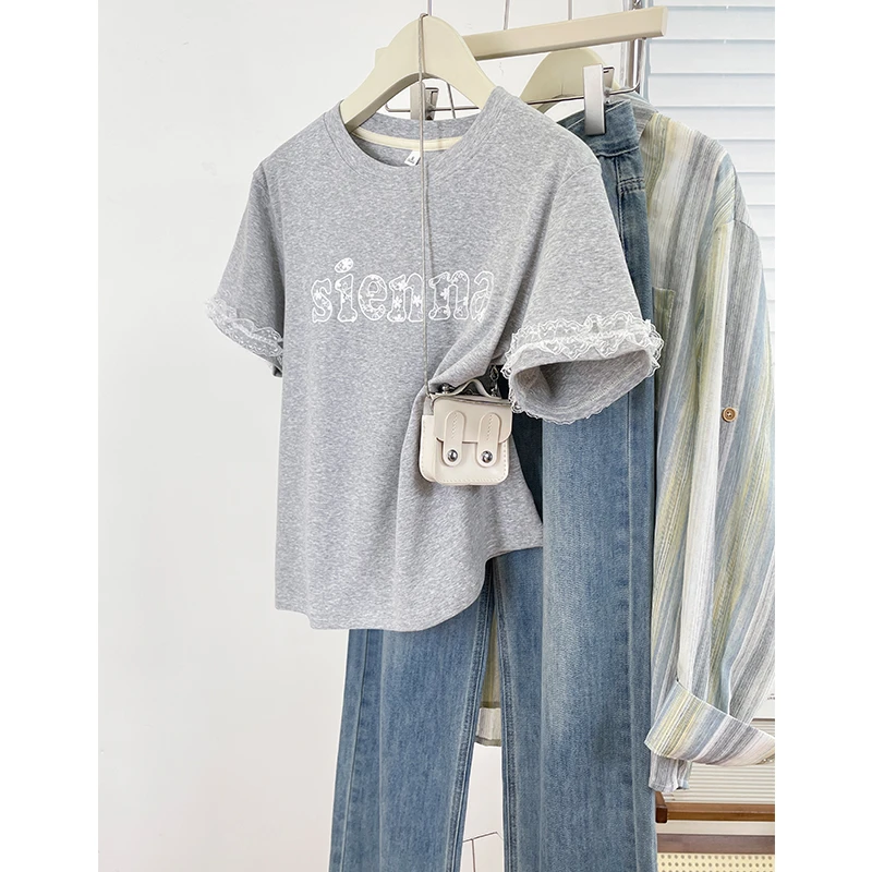 [有运费险]蕾丝拼接字母短袖t恤女圆领ins上衣甜美宽松显瘦百搭潮