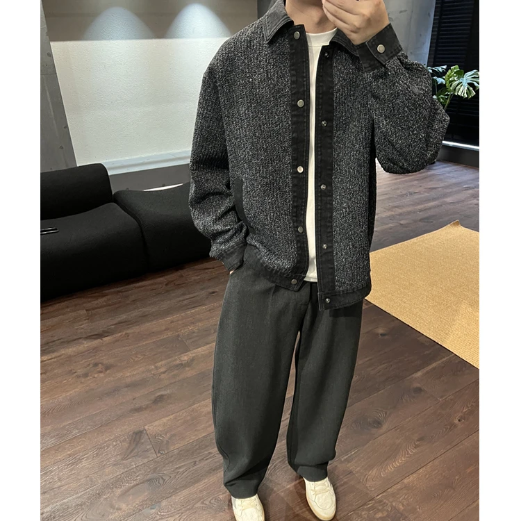 定制面料毛呢编织重工艺长袖翻领保暖秋冬季夹克撞色休闲牛仔外套