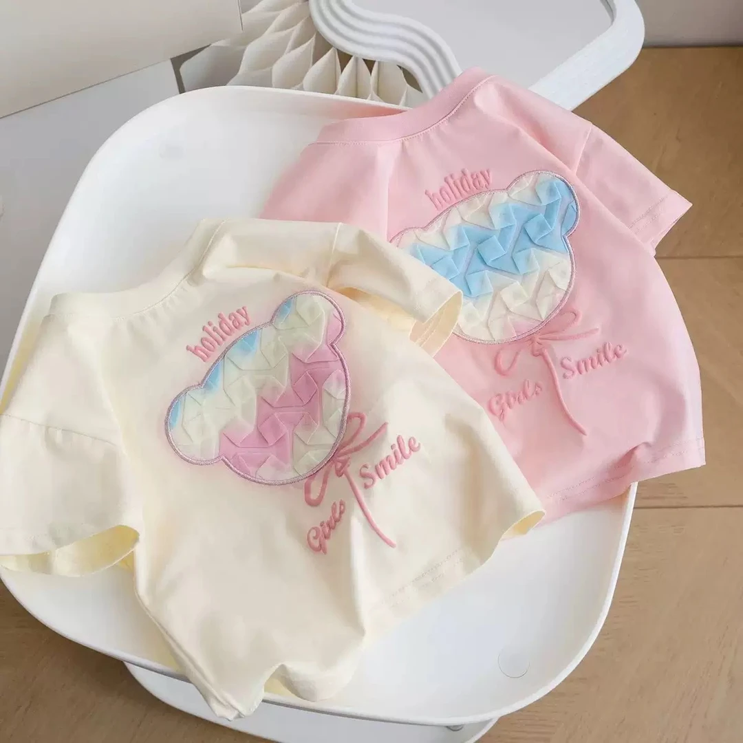 纯棉女宝宝夏装洋气T恤童装上衣儿童印花贴布刺绣小熊女孩子短袖