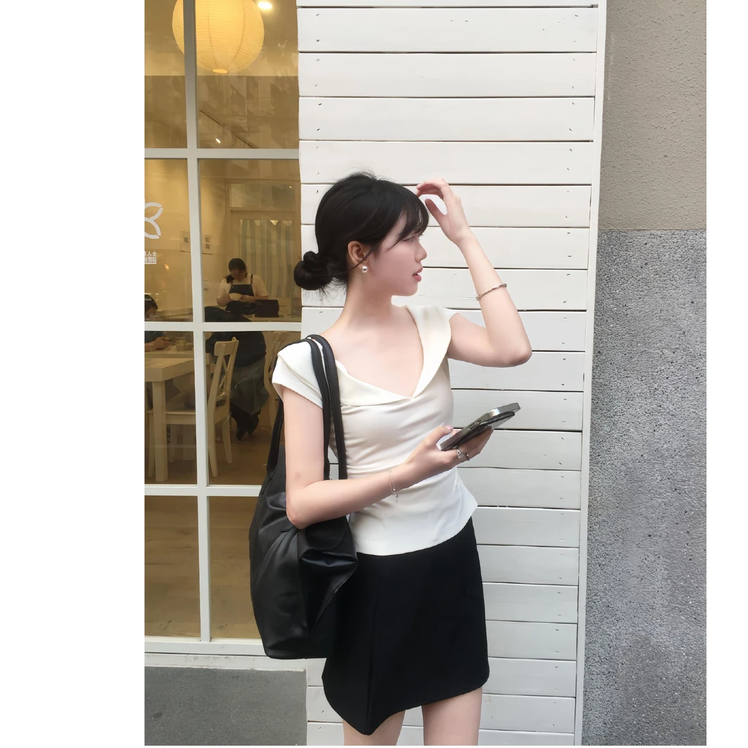 法式娃娃领白色正肩短袖修身T恤上衣女高腰显瘦赫本风别致半身裙