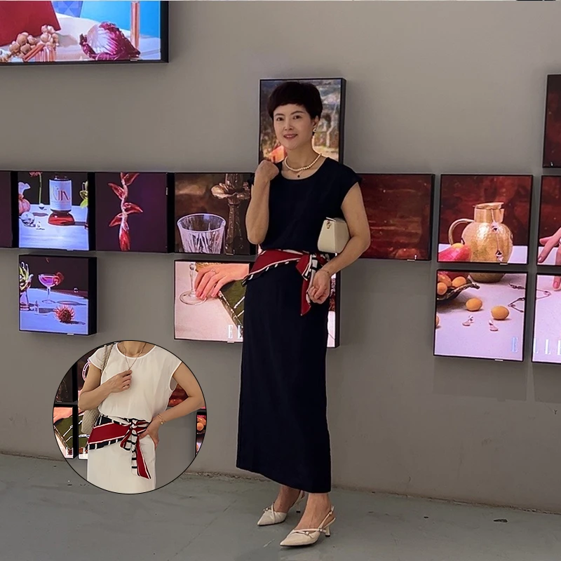 夏季法式慵懒风时尚套装长款圆领丝巾拼接老钱风裙子气质黑色2025