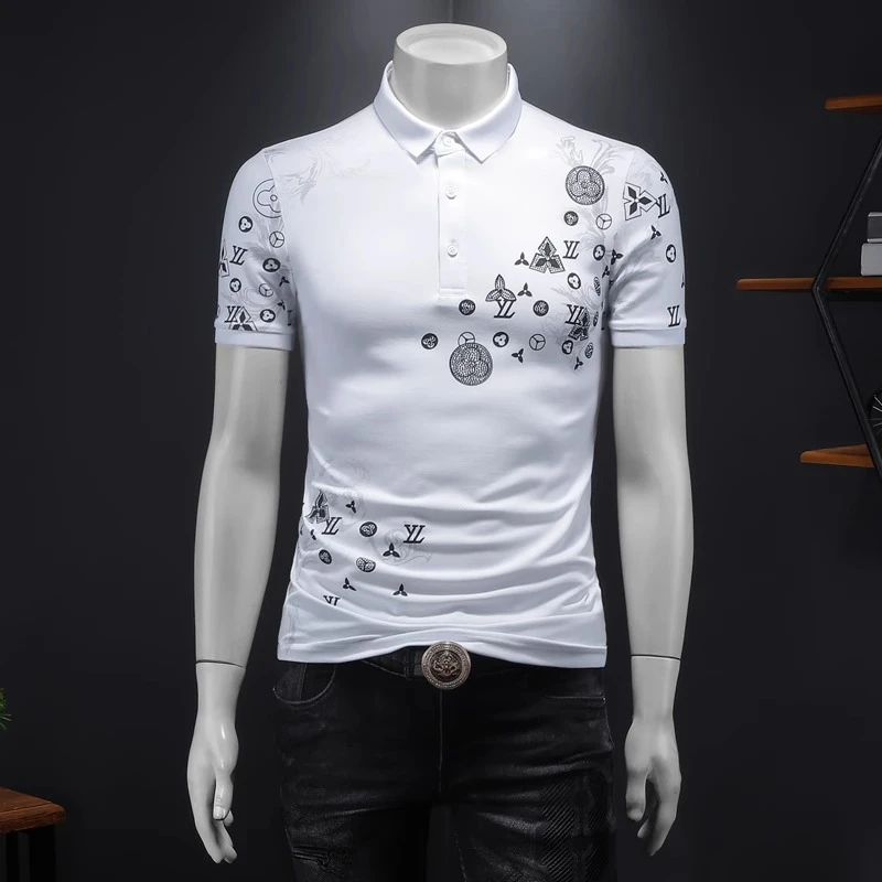 基密雷昂夏季潮牌印花短袖POLO衫男士刺绣翻领T恤上衣韩版修身男