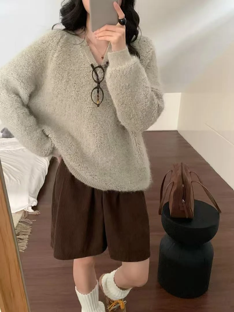 XUANYAN瑄颜韩系温柔V领宽松套头百搭保暖毛衣女上衣9146