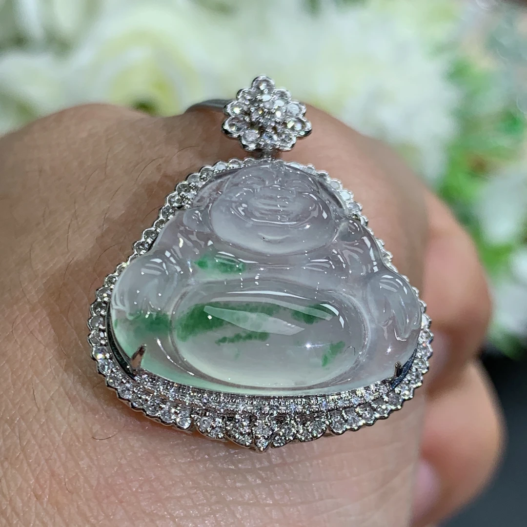 尺寸30.3×25.6×10.9缅甸天然翡翠A货18k金正冰一刀切绿花佛公吊坠