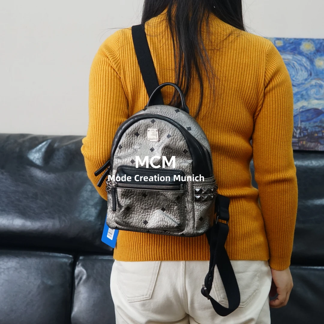 95新 MCM  银黑色双肩包/FYHD12306007/6007