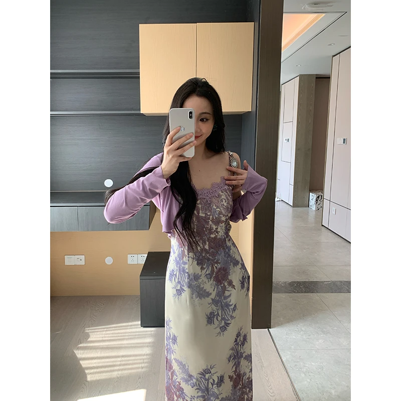 XINYI【微醺紫藤】春夏针织开衫+氛围感碎花吊带裙套装X625A02126