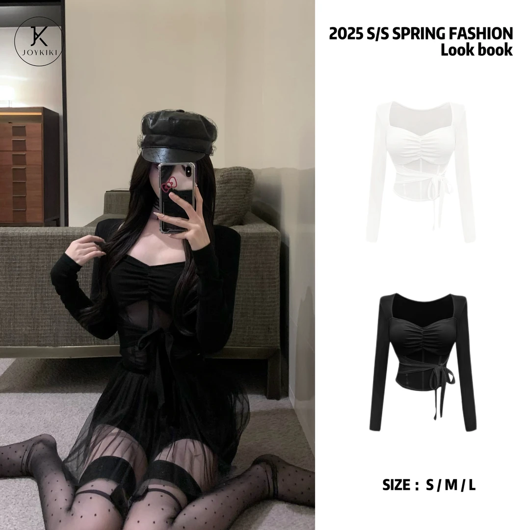 JOYKIKI金金【甜辣心结】春季纯欲拼接网纱绑带设计上衣J24D131