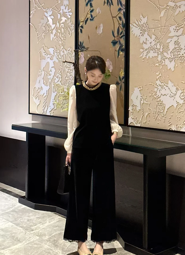 T113371F拼接上衣衬衫不褪色长袖+休闲裤直筒气质时尚套装