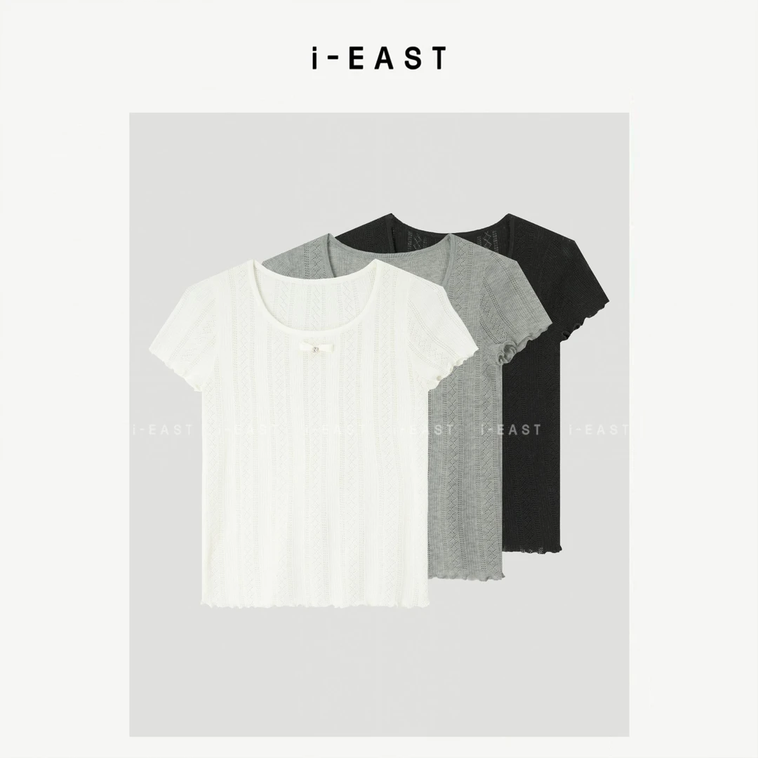 i-EAST 夏日肩畔~镂空设计感圆领短袖上衣-5X SY5680