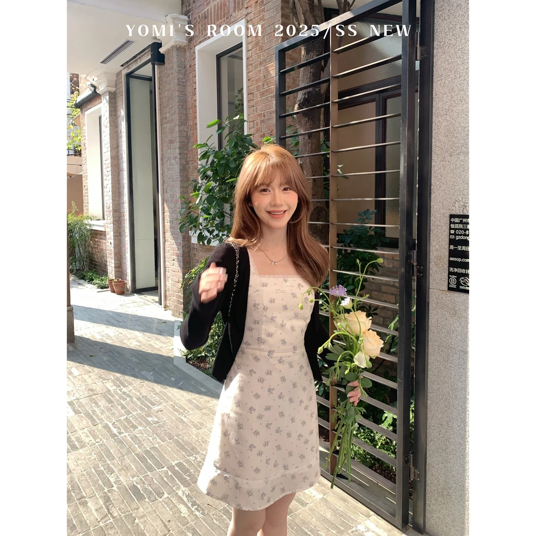 YOMI定制【花间絮语】白色碎花蕾丝气质小个子休闲设计感连衣裙显瘦