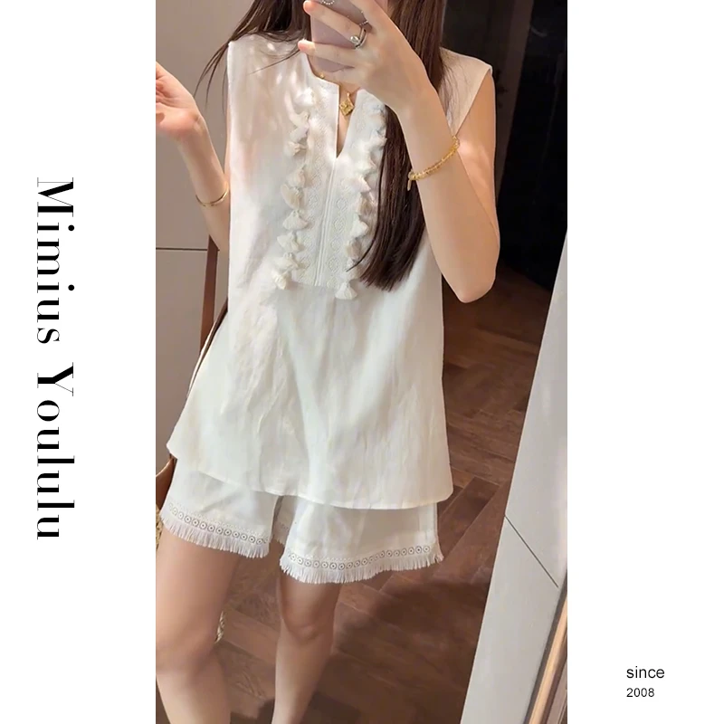 【mimius】喵喵 轻奢优雅高级感流苏无袖上衣+短裤（松紧腰） G05597