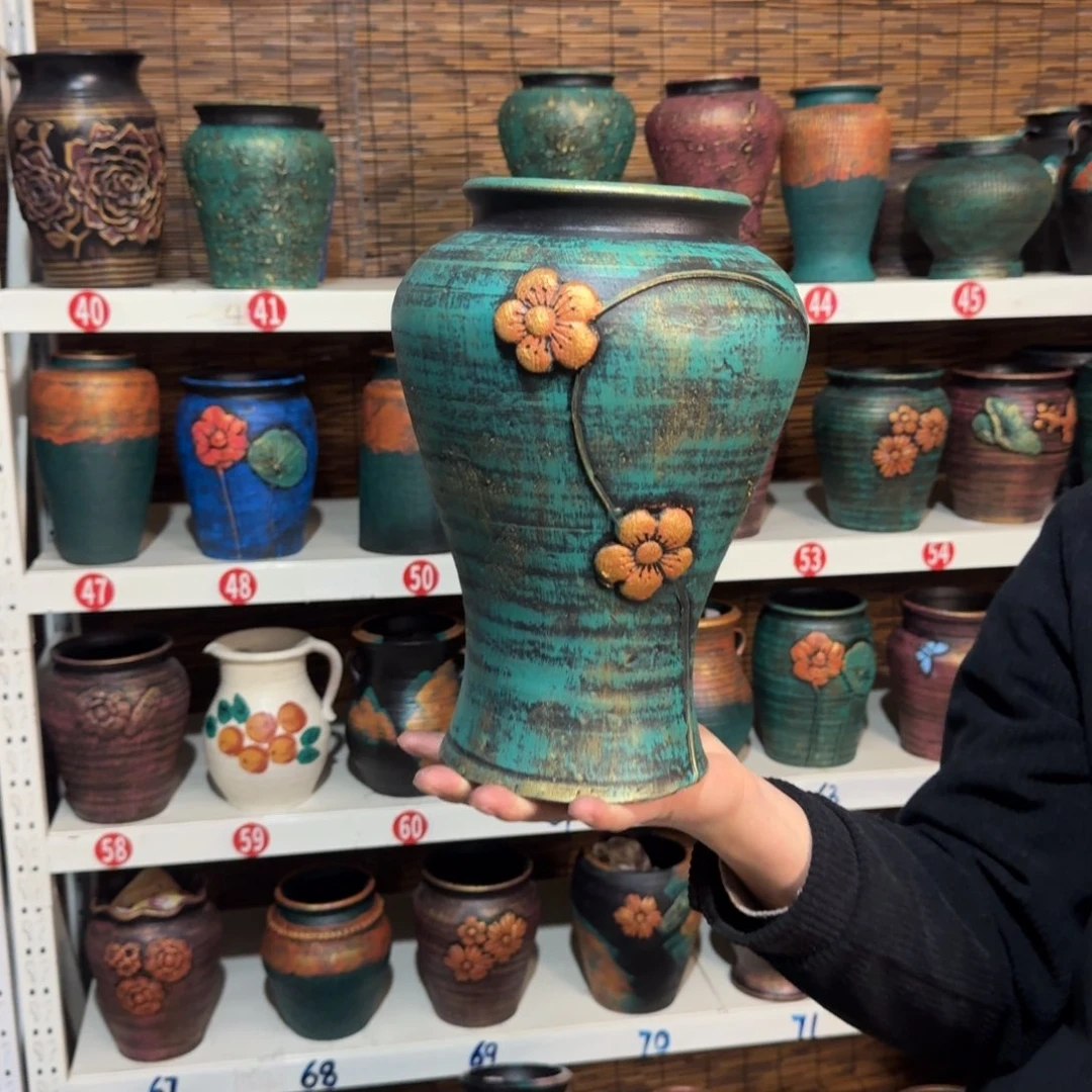 红陶红陶浮雕花盆炸炸炸