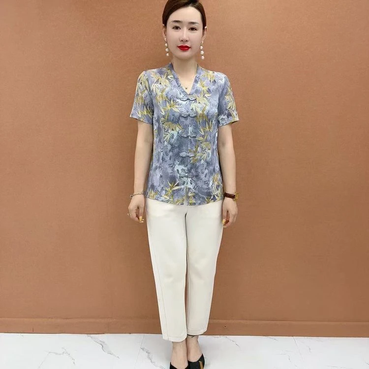 夏季宽松国风盘扣短袖中老年妈妈洋气减龄显瘦上衣